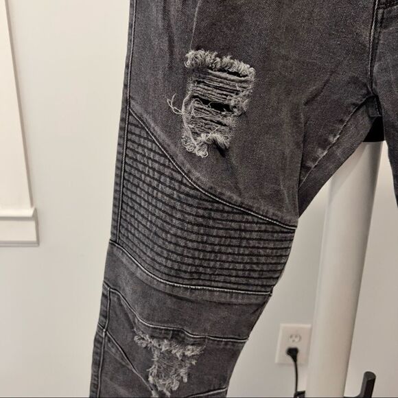 Gap + Stampd + GQ Size 33x30 Mens Black Moto Distressed Black Denim Jeans Button - Picture 4 of 9